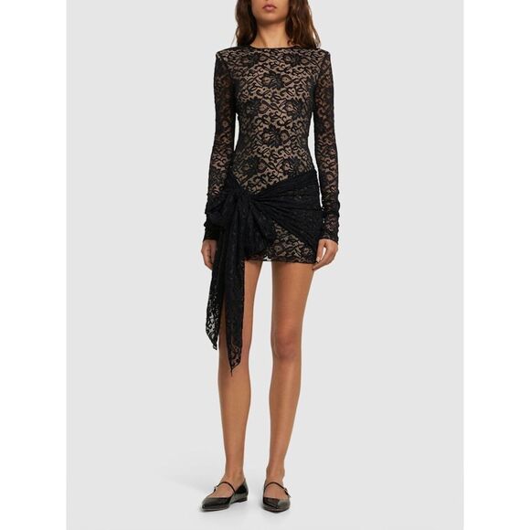 NWOT Rotate Illusion Lace Self Tie Long Sleeve Bodycon Mini Dress in Black Sz 4 - Picture 2 of 16